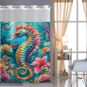 Detail view of colorful seahorse print on double-layer waffle shower curtain with grommets