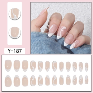 Almond-shaped press-on nails with minimalist white lines and pink base, 24-piece full set
