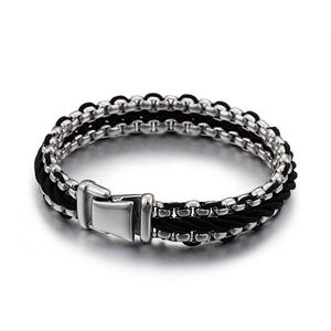 Men's double-layered nylon rope and stainless steel braided bracelet with silver clasp