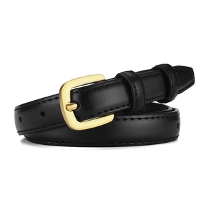 Minimalist black leather belt for women with elegant gold buckle on white background
