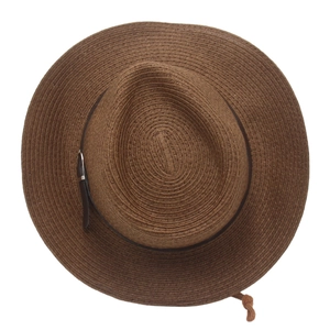 Dark brown wide brim straw cowboy hat with leather band and metal buckle for men
