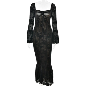 Elegant black lace long-sleeved dress with corset lacing and flared cuffs shown on a mannequin
