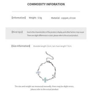 Detailed spec card showing clover bracelet dimensions and zircon material info