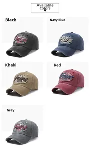 Detailed grid of five vintage washed cotton baseball caps in black, navy, khaki, red and grey