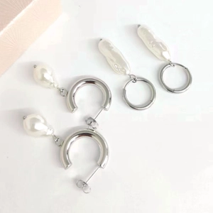 Minimalist silver stainless steel C-shape and hoop earrings with baroque pearls