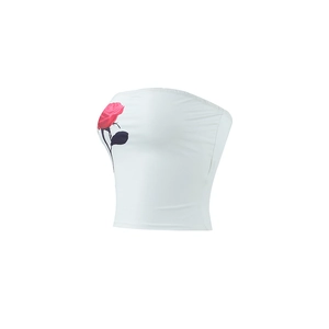 Detailed close-up of a white tube top featuring a large red rose print and slim fit design