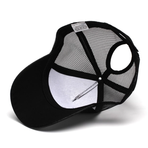 Women's black ponytail mesh baseball cap with breathable hole for high buns