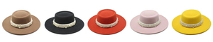 Flat top wool felt hats with wide brims and pearl bands in five diverse colors