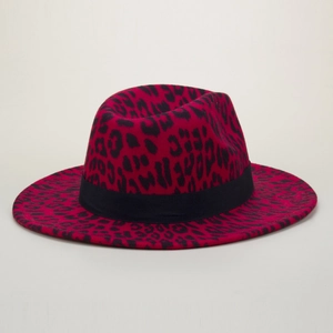 Detailed view of wide brim wool felt jazz hat with leopard print and black ribbon band