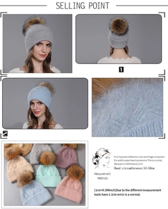 Detailed overview of women's Angora knit beanie featuring a raccoon fur pompom