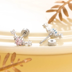 Star-shaped zircon ear studs in pink and blue with silver titanium steel screw backs