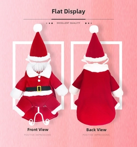 Front and back view of red fleece Santa Claus pet outfit with black belt and white trim