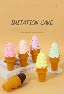 Detailed view of colorful pastel artificial ice cream cones in assorted cream flavors