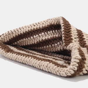 Brown and beige striped chunky knit beanie featuring cute cat ears and thick warm wool