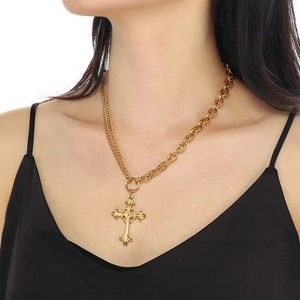 Retro stainless steel necklace with cross pendant and OT buckle on a female model