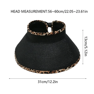 Foldable sun visor hat details with leopard trim and dimension markings on white background
