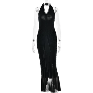 Sexy black halter neck maxi dress with deep V-neck, ruffle hem and pleated mesh details
