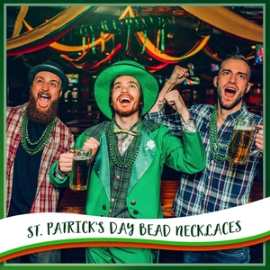 Three men wearing green St. Patrick's Day bead necklaces celebrating in a pub setting