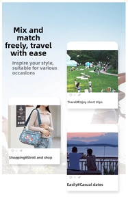 Blue floral printed crossbody bag shown in diverse outdoor travel and daily scenes