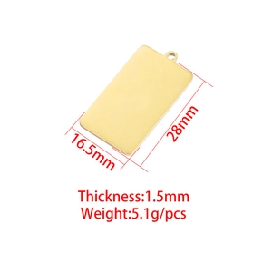 Polished gold stainless steel rectangular pendant with dimensions and weight specifications