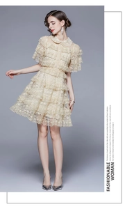 Detailed view of beige lace tiers and Peter Pan collar on this short-sleeved dress