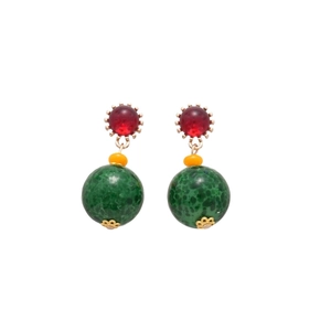 Vintage layered resin drop earrings with red, orange and green beads in gold setting