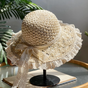Women Straw Sun Hat Lace Trim Bowknot Foldable Handmade Woven Breathable Wide Brim Summer Beach Travel Accessory Elegant