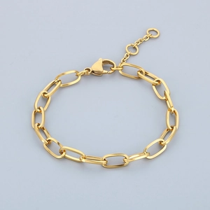 Close-up of golden stainless steel rectangle link chain necklace with lobster clasp