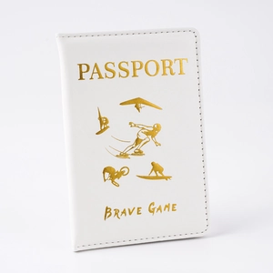 White PU leather passport holder with gold foil sports theme patterns and lettering