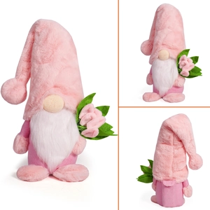 Three views of a pink gnome plush toy with long white beard and a pointed hat decoration