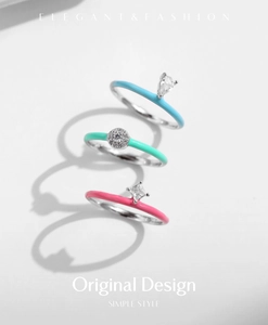 Detailed view of colorful S925 silver rings with pear-cut and square-cut cubic zirconia