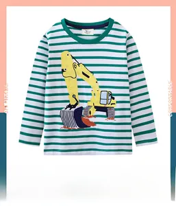 Detail of green and white striped kids long sleeve t-shirt with yellow excavator embroidery