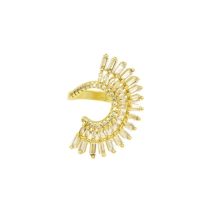 Detail view of gold C-shaped earring with radiant baguette-cut cubic zirconia gems