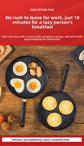 Detailed view of four-hole non-stick frying pan with heart and round molds on wooden table