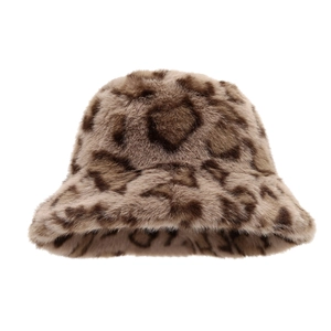 Winter plush leopard print bucket hat for women in warm faux fur leopard pattern
