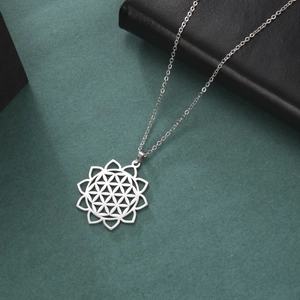 Stainless Steel Flower of Life Pendant Necklace For Women Hollow Mandala Geometric Round Charm Korean Style Fashion Jewelry