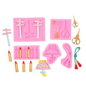 DIY silicone molds for fondant featuring umbrella, scissors, and candle shapes for cake decor