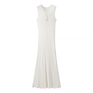 Elegant white sleeveless knitted midi dress with front lace-up detail and slim fit