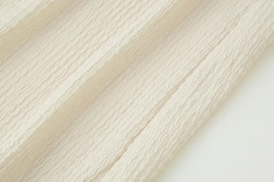 Macro shot of off-white textured fabric showing the pleated crepe material details