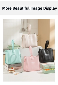 Detail view of four colorful PU leather insulated lunch bags with metal zipper and handle