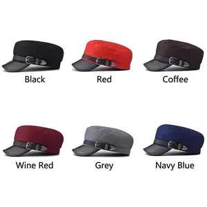 Flat top military caps in six colors with leather strap and decorative metal buckles