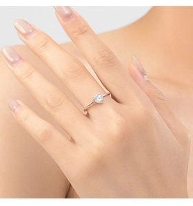 Detail shot of a minimalist S925 sterling silver heart-shaped gemstone ring on finger