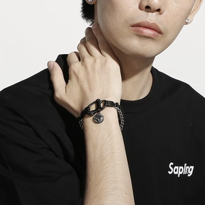 Bracelet double couche en acier inoxydable pour hommes avec chaîne argentée et cordon noir