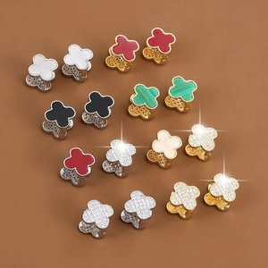 Four Leaf Clover Huggie Earrings Copper 18K Gold Plated Cubic Zirconia Double Sided Shell Enamel Elegant Jewelry For Women