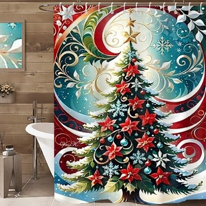Rideau de douche 3D imperméable avec sapin de Noël et motifs de poinsettias et de flocons