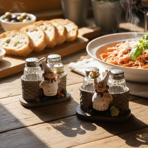 Creative chef resin figurine holding salt and pepper shakers in a rustic basket base