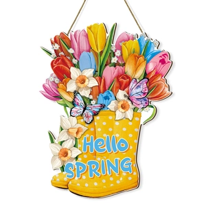 Hello Spring wooden sign featuring yellow rain boots and vibrant tulips for home decor