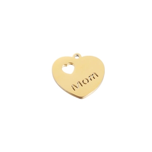 Macro view of golden heart pendant with Mom cutout and polished mirror finish