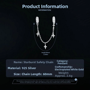 Detailed specs of 925 silver star burst safety chain with 60mm length and platinum plating