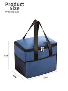 Blue Oxford lunch bag size view showing 24x18x21cm dimensions with side mesh pocket